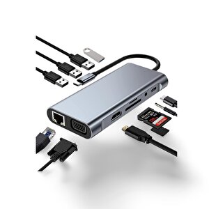 Macbook Pro Air Type-c 11 In 1, 4k Hdmı, Vga, Pd, Usb3.0, Rj45 Ethernet, Sd/tf Card Reader, 3.5mm Aux, Çevirici Hub Ada