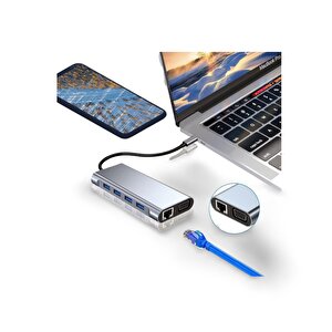 Macbook Pro Air Type-c 11 In 1, 4k Hdmı, Vga, Pd, Usb3.0, Rj45 Ethernet, Sd/tf Card Reader, 3.5mm Aux, Çevirici Hub Ada