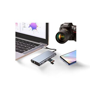 Macbook Pro Air Type-c 11 In 1, 4k Hdmı, Vga, Pd, Usb3.0, Rj45 Ethernet, Sd/tf Card Reader, 3.5mm Aux, Çevirici Hub Ada