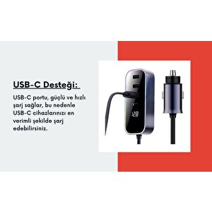 Cosmostech Araba Çakmak Şarj Cihazı 105w 4 Portlu Süper Hızlı Fast Car Charger, Type-c - 3 Usb
