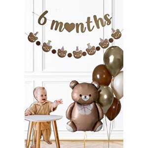 Retro Ayı 6 Aylık , Yarım Yaş Partisi Süsleme Seti Retro Ayı Balon 6 Months Bannerlı Balon Seti
