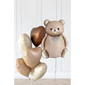 Retro Ayı Ve 5 Retro Krem Karamel Çikolata Kahve Kalp Folyo Balon Seti