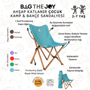 Bag The Joy Kids Katlanir Ahşap Kamp & Bahçe Sandalyesi̇ Kahverengi̇ İskelet – Turkuaz Kilif