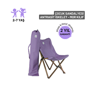 Kids Katlanir Ahşap Kamp & Bahçe Sandalyesi̇ Antrasi̇t İskelet – Mor Kilif