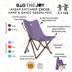 Bag The Joy Kids Katlanir Ahşap Kamp & Bahçe Sandalyesi̇ Antrasi̇t İskelet – Mor Kilif