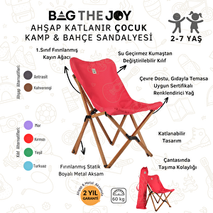 Bag The Joy Kids Katlanir Ahşap Kamp & Bahçe Sandalyesi̇ Kirmizi İskelet – Kirmizi Kilif