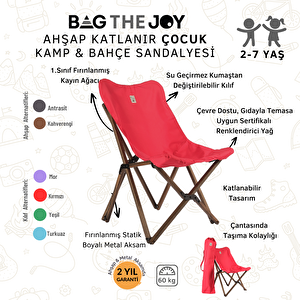 Bag The Joy Kids Katlanir Ahşap Kamp & Bahçe Sandalyesi̇ Antrasi̇t İskelet – Kirmizi Kilif