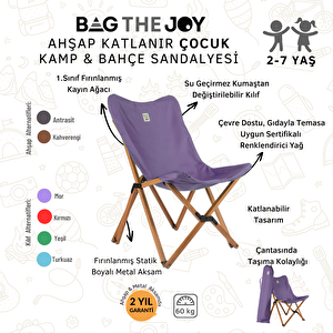 Bag The Joy Kids Katlanir Ahşap Kamp & Bahçe Sandalyesi̇ Kahverengi̇ İskelet – Mor Kilif
