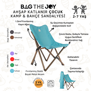 Bag The Joy Kids Katlanir Ahşap Kamp & Bahçe Sandalyesi̇ Antrasi̇t İskelet – Turkuaz Kilif