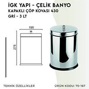 İgk Yapi - Çeli̇k Banyo Kapakli Çöp Kovasi 3lt 430 (70-167)