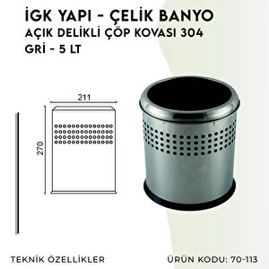 İgk Yapi - Çeli̇k Banyo Açik Deli̇kli̇ Çöp Kovasi 5lt Gri̇ (70-113)
