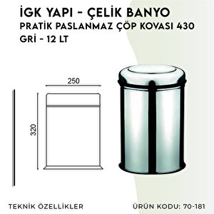 İgk Yapi - Çeli̇k Banyo Prati̇k Paslanmaz Çöp Kovasi 12lt 430 (70-181)