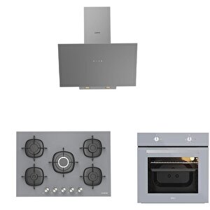 Karma Gri Cam Ankastre Set 3481 Davlumbaz - Cs5622s01 75cm Ocak - Esty Aef6601s04 Firin