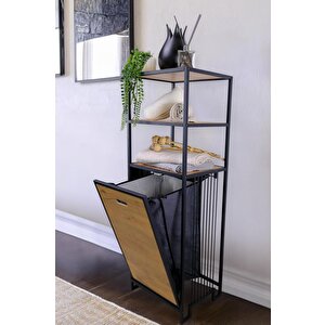Metal Kirli Sepetli 3 Raflı Çok Amaçlı Banyo Düzenleyici Raf Organizer Siyah/atlantik Çam – Mrs-008 c1-1-369