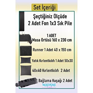 Magic V1 Antrasit Fon Perde 1x3 Sık Pile 2 Kanat - + Masa Örtüsü + Runner + Kırlent Kılıfı + Bağlama 140x280 cm