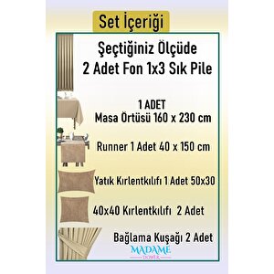 Magic V4 Bej Fon Perde 1x3 Sık Pile 2 Kanat - + Masa Örtüsü + Runner + Kırlent Kılıfı + Bağlama 125x250 cm