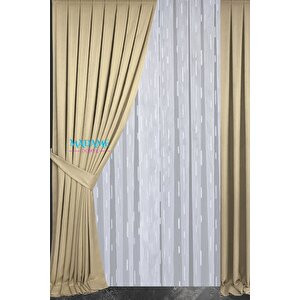 Magic V4 Bej Fon Perde 1x3 Sık Pile 2 Kanat - + Masa Örtüsü + Runner + Kırlent Kılıfı + Bağlama 130x260 cm