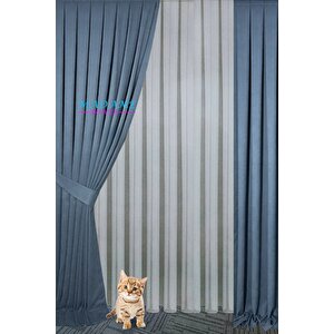 Magic V3 Indigo Fon Perde 1x3 Sık Pile 2 Kanat - Masa Örtüsü Runner Kırlent Kılıfı Bağlama 100x255 cm