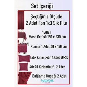 Magic V5 Bordo Fon Perde 1x3 Sık Pile 2 Kanat - + Masa Örtüsü + Runner + Kırlent Kılıfı + Bağlama 95x270 cm