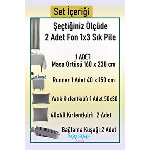 Magic V2 Gri Fon Perde 1x3 Sık Pile 2 Kanat - + Masa Örtüsü + Runner + Kırlent Kılıfı + Bağlama 160x270 cm