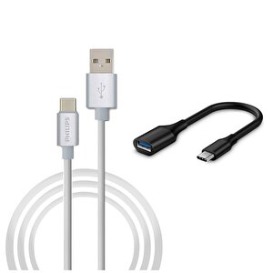 3a 60w Usba To Type-c 1.2m Hızlı Şarj Ve Data Kablosu Beyaz + Schitec Type-c To Usba 3.0 Otg Dönüştürücü Adaptör