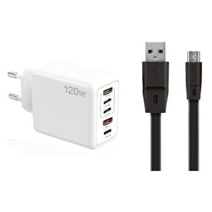 120W 3 Type-C + 2 UsbA Toplam 5 Çıkışlı Philips 3A 45W UsbA to Micro Kablolu 1.8m Şarj Aleti Beyaz SR104