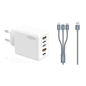 120W 3 Type-C + 2 UsbA Toplam 5 Çıkışlı Tecno 3in1 Lightning, Type-C, Micro Kablolu Şarj Aleti Beyaz SR104