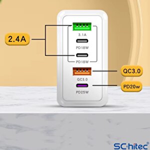 ScHitec 120W 3 Type-C + 2 UsbA Toplam 5 Çıkışlı Tecno 3in1 Lightning, Type-C, Micro Kablolu Şarj Aleti Beyaz SR104