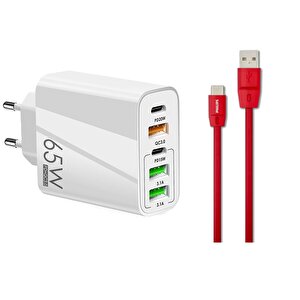 Schitec 65w 2 Type-c + 3 Usba Toplam 5 Çıkışlı Philips 5a 100w Usba To Type-c Kablolu Şarj Aleti Beyaz Sr104