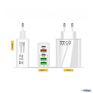 Schitec 65w 2 Type-c + 3 Usba Toplam 5 Çıkışlı Philips 5a 100w Usba To Type-c Kablolu Şarj Aleti Beyaz Sr104
