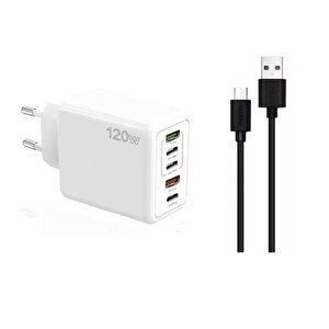 120W 3 Type-C + 2 UsbA Toplam 5 Çıkışlı Philips 3A 45W UsbA to Micro Kablolu Şarj Aleti Beyaz SR104