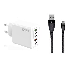 120W 3 Type-C + 2 UsbA Toplam 5 Çıkışlı Philips MFI Lisasnlı UsbA to Lightning Kablolu Şarj Aleti Beyaz SR104