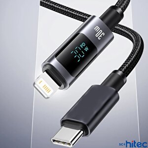 Schitec Pd30w Type-c To Lightning Dijital Göstergeli Örgülü Hızlı Şarj Data Kablosu Siyah