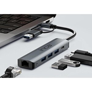 Inca Iutp-5t Usb/type-c Hub X3 Usb 3.0 + Type-c+ethernet Rj45 Çoklayıcı Aluminyum Kasa