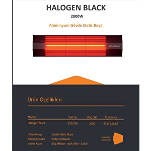 2000 Watt Halogen Black- Dış Mekan Isıtıcı Cafe Teras Balkon Açık Ve Yarı Açık Alanlar İçin