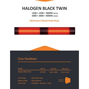 Halogen Black Twin 1500+1500=3000 Watt Dış Mekan Isıtıcı Balkon Teras Cafe