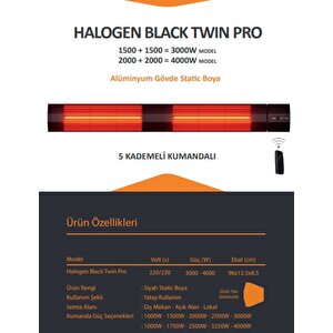 Halogen Black Twin Pro 1500 1500=3000 Watt Kumandalı Dış Mekan Isıtıcı.cafe Teras Balkon Açık Ve Yarı Açık Alanlar İçinn