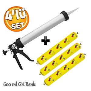 Sosis Pu Silikon Mastik Gri Renk 600 Ml Güçlü Yapıştırıcı Sızdırmaz Yalıtım Tabancalı 4'lü Set