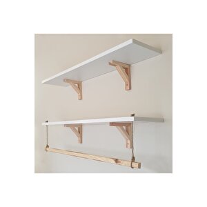 2'li Halatlı Askılı Ahşap Beyaz Dekoratif Duvar Rafı 90x 20 Cm