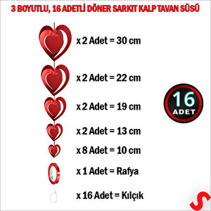 3 Boyutlu Döner Sarkıt 16 Adet Kalp Tavan Süs Seti