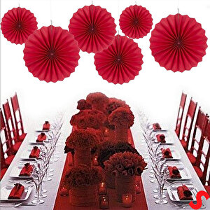 Kağıt Yelpaze Süs, 6 Adetli Set, Kırmızı