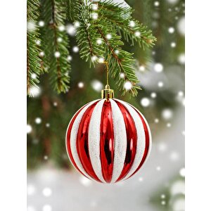 Yılbaşı Topları Kırmızı Beyaz Çizgili Çam Ağacı Süsleri 8 Cm 4'lü