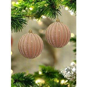 Yılbaşı Topları Altın Simli Kadife Yılbaşı Ağacı Süsü Somon 12 Cm 4'lü