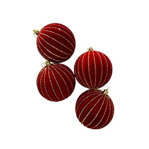 Yılbaşı Topları Altın Simli Kadife Yılbaşı Ağacı Süsü Bordo 10 Cm 4'lü