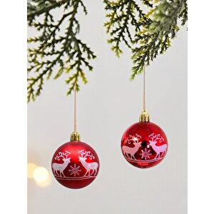 Yılbaşı Topları Geyik Desenli Çam Ağacı Süsleri Kırmızı 6 Cm 6'lı