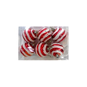 Yılbaşı Topları Kırmızı Beyaz Çizgili Çam Ağacı Süsleri 6 Cm 6'lı