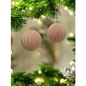 Yılbaşı Topları Altın Simli Kadife Yılbaşı Ağacı Süsü Somon 8 Cm 4'lü