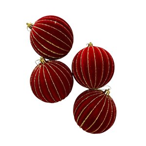 Yılbaşı Topları Altın Simli Kadife Yılbaşı Ağacı Süsü Bordo 12 Cm 4'lü