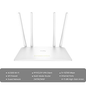 Wr1200 Dual 2.4/5ghz 4x5dbi Anten 1200mbps 5 Port Wi-fi Router Ac1200 Serisi