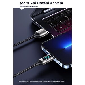 Usams Us-sj543 Dijital Göstergeli,Çipli,Örgülü, 1.2m 2.4a Lightning Iphone Şarj Ve Data Kablosu